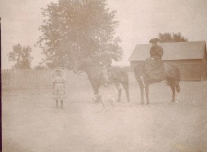 1893- Jennie Eldred and parents Samuel and Mary Jane on horseback lr